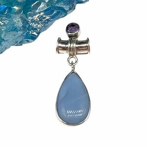 Blue Owyhee Opal & Amethyst Necklace Pendant Solid 925 Sterling Silver
